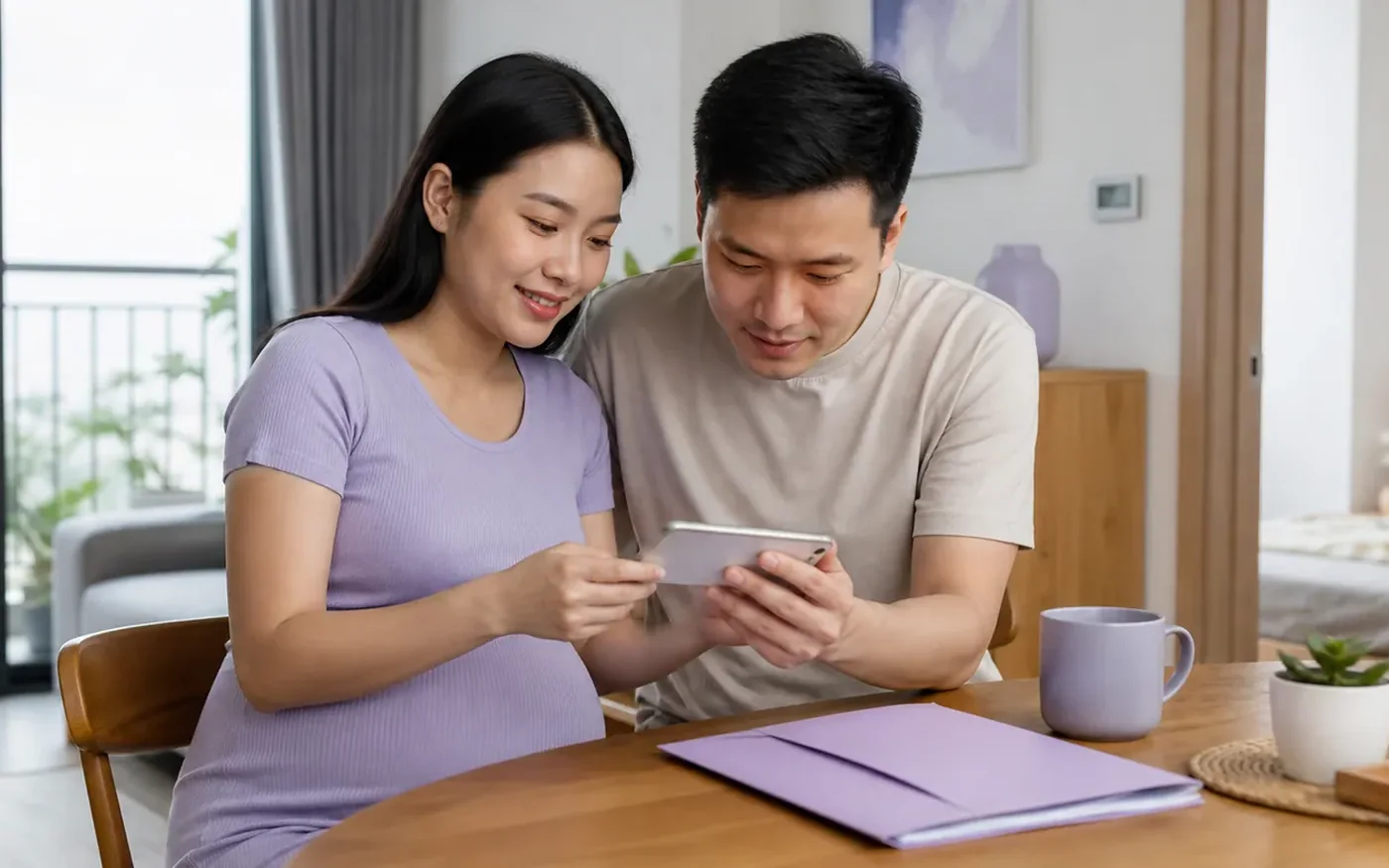 Một thai phụ Việt Nam và bạn đời kiểm tra thẻ BHYT trên điện thoại bên hồ sơ đi sinh