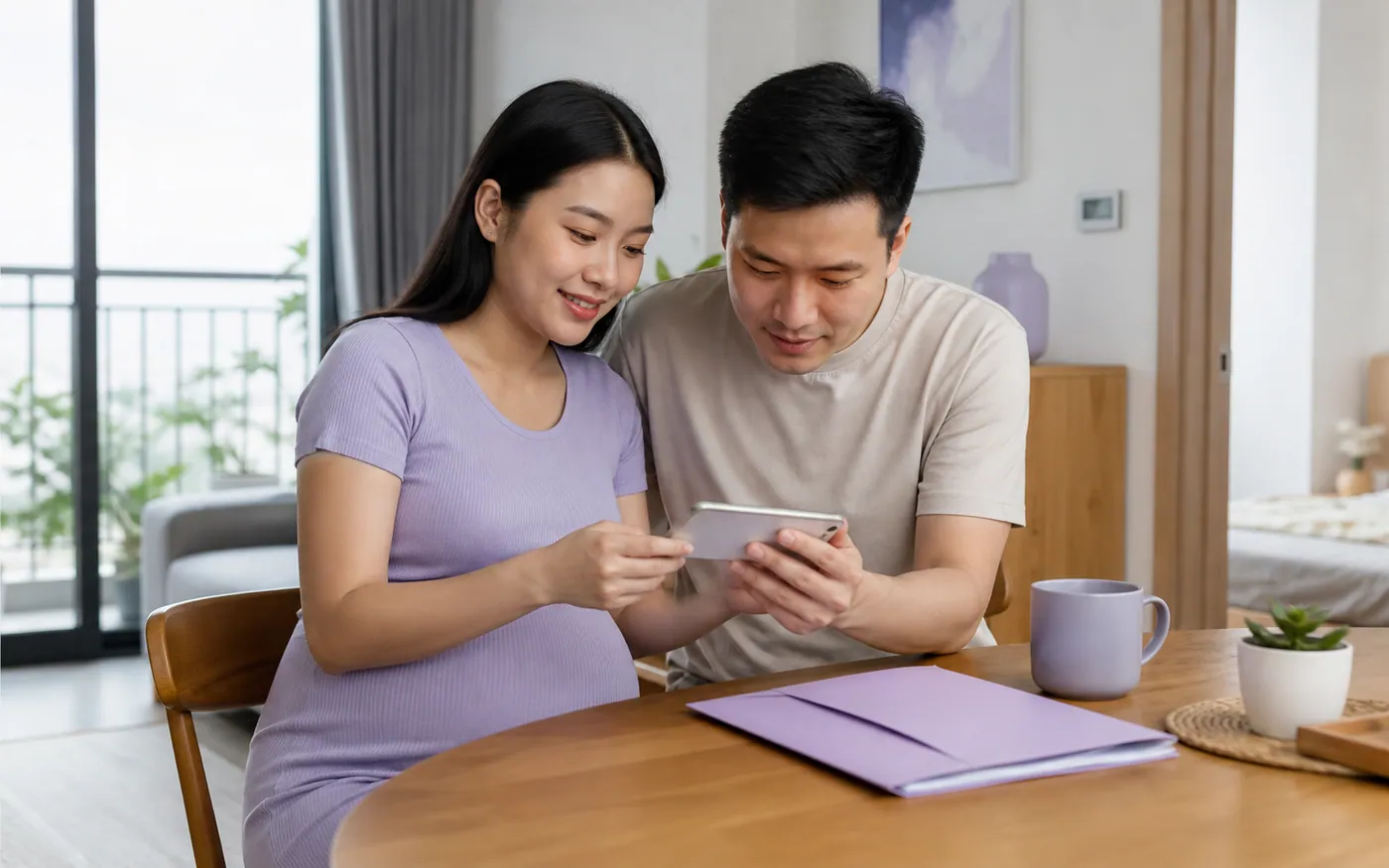 Một thai phụ Việt Nam và bạn đời kiểm tra thẻ BHYT trên điện thoại bên hồ sơ đi sinh