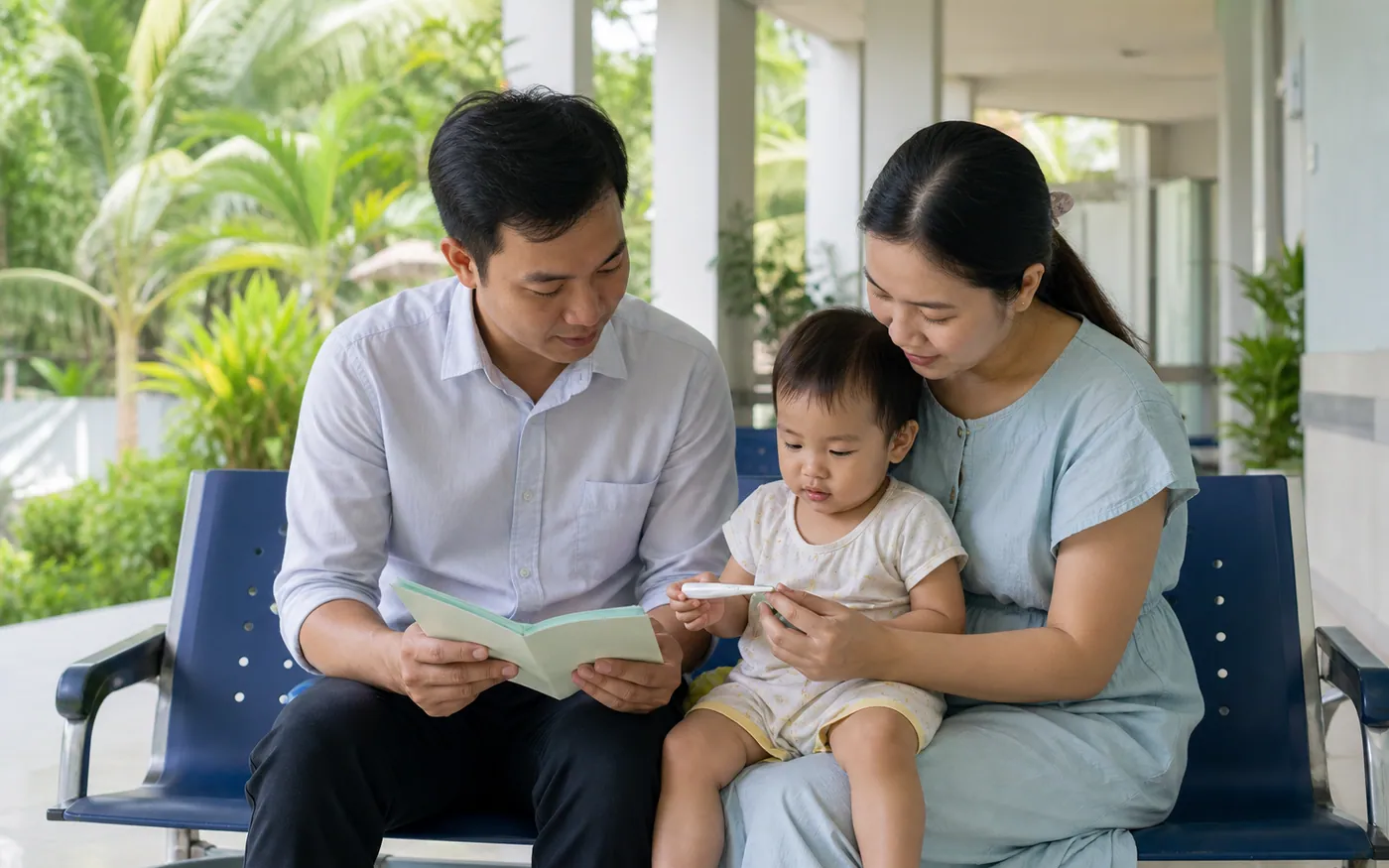 Một gia đình Việt Nam xem sổ sức khỏe và nhiệt kế trước buổi khám cho trẻ ở Cần Thơ