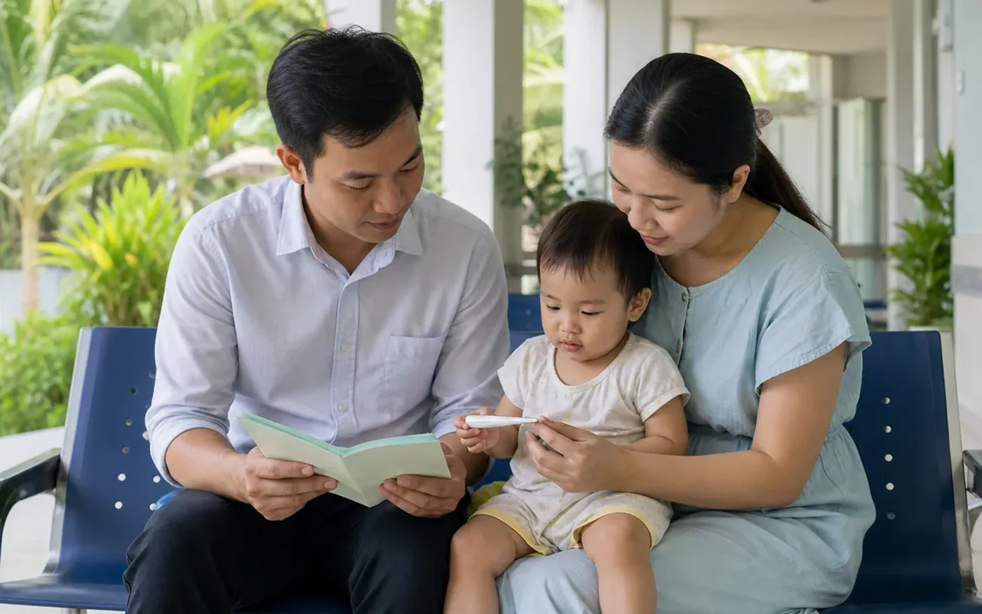 Một gia đình Việt Nam xem sổ sức khỏe và nhiệt kế trước buổi khám cho trẻ ở Cần Thơ
