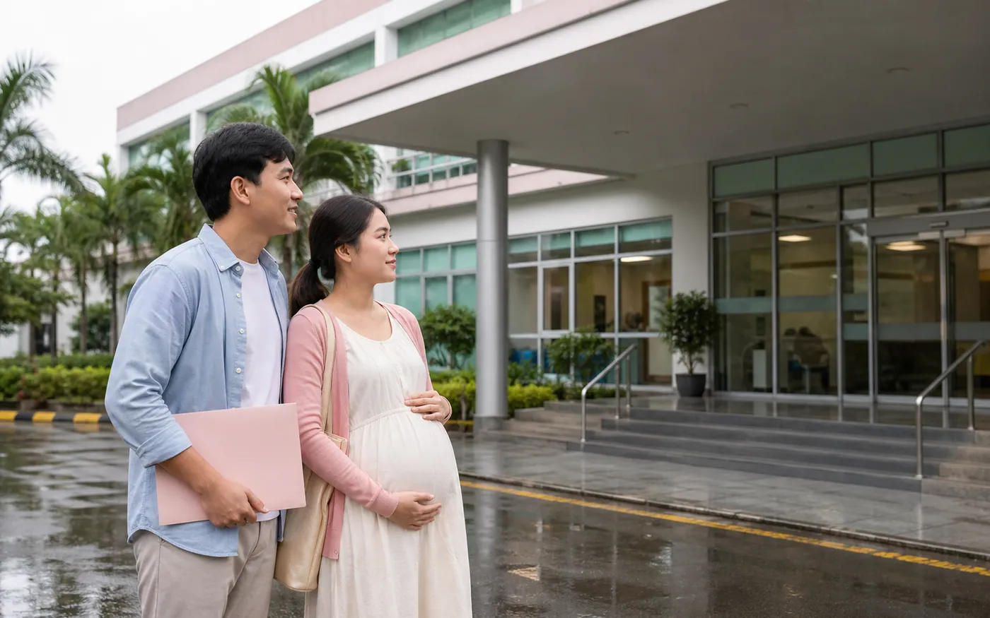 Một cặp vợ chồng Việt Nam chuẩn bị vào cơ sở sản khoa ở Cần Thơ sau cơn mưa