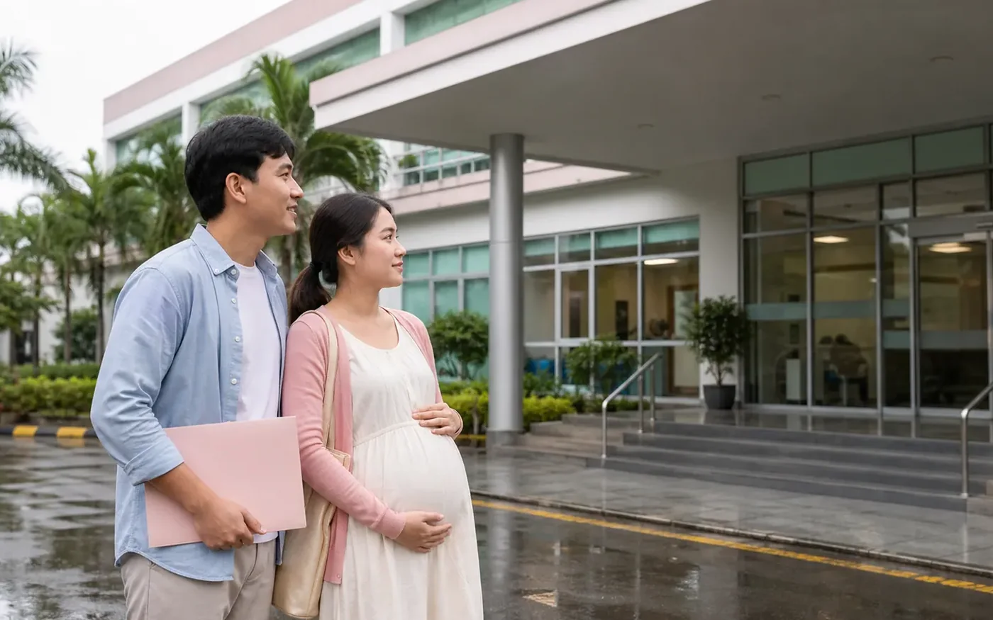 Một cặp vợ chồng Việt Nam chuẩn bị vào cơ sở sản khoa ở Cần Thơ sau cơn mưa