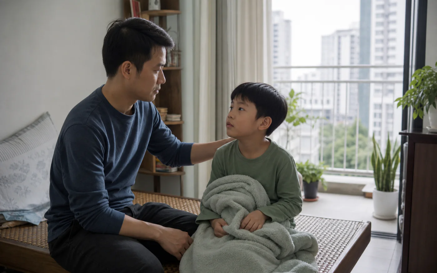Một người cha Việt Nam bình tĩnh quan sát con đang ngồi nghỉ cạnh cửa sổ