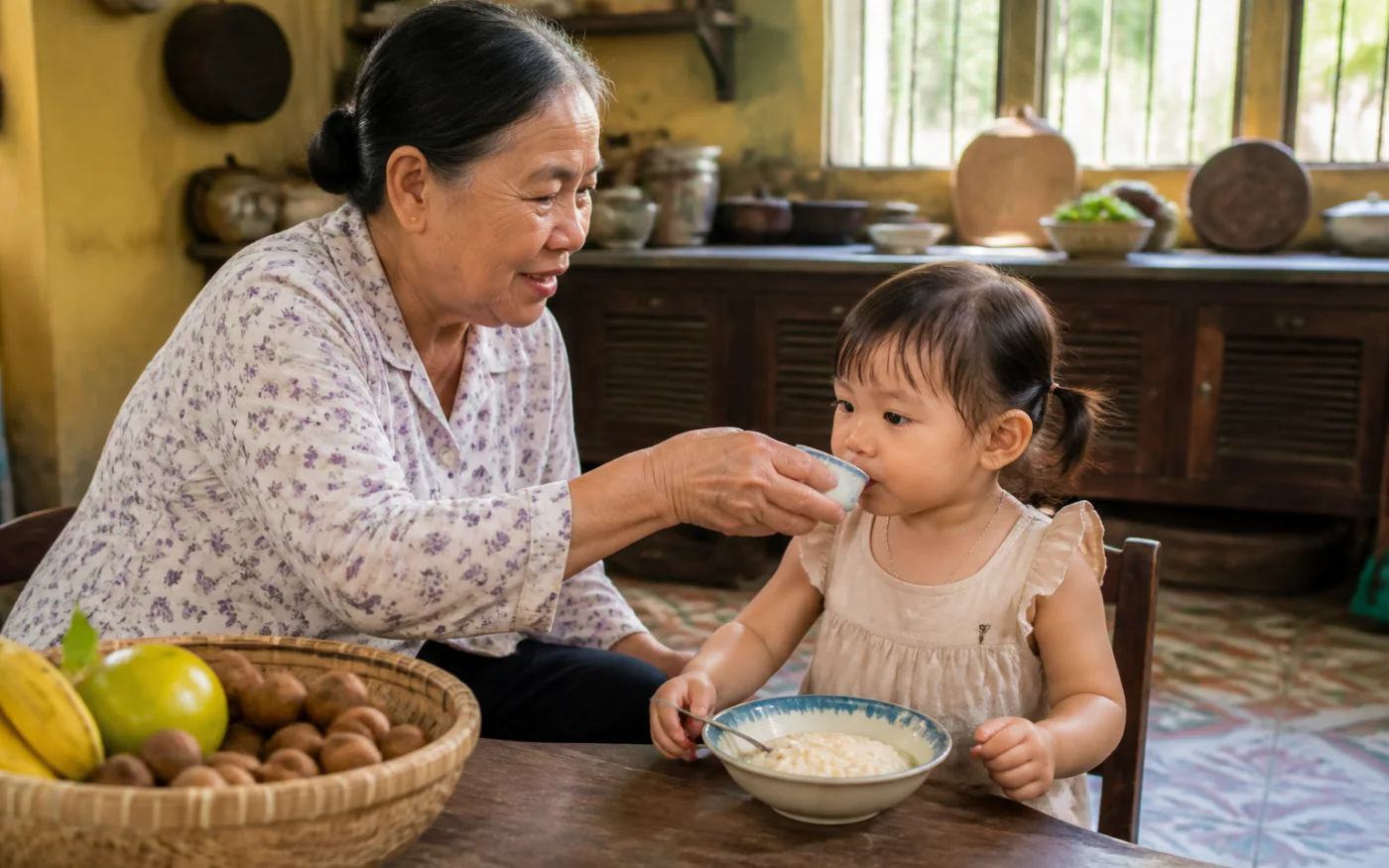 Một người bà Việt Nam cho cháu nhỏ uống từng ít bên bát cháo