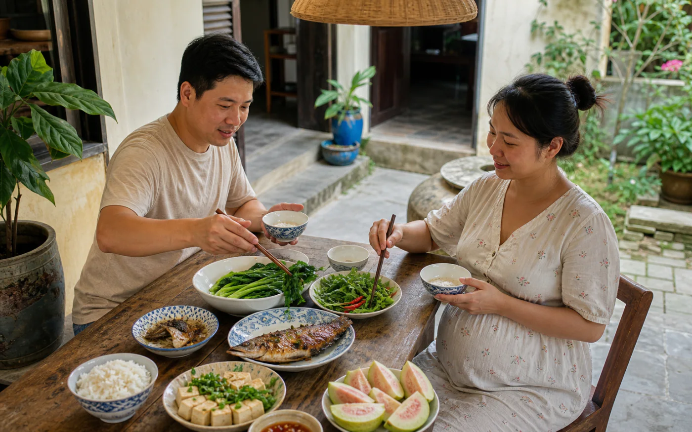 Một cặp đôi Việt Nam chia bữa cơm có rau, cá và đậu phụ cho thai phụ