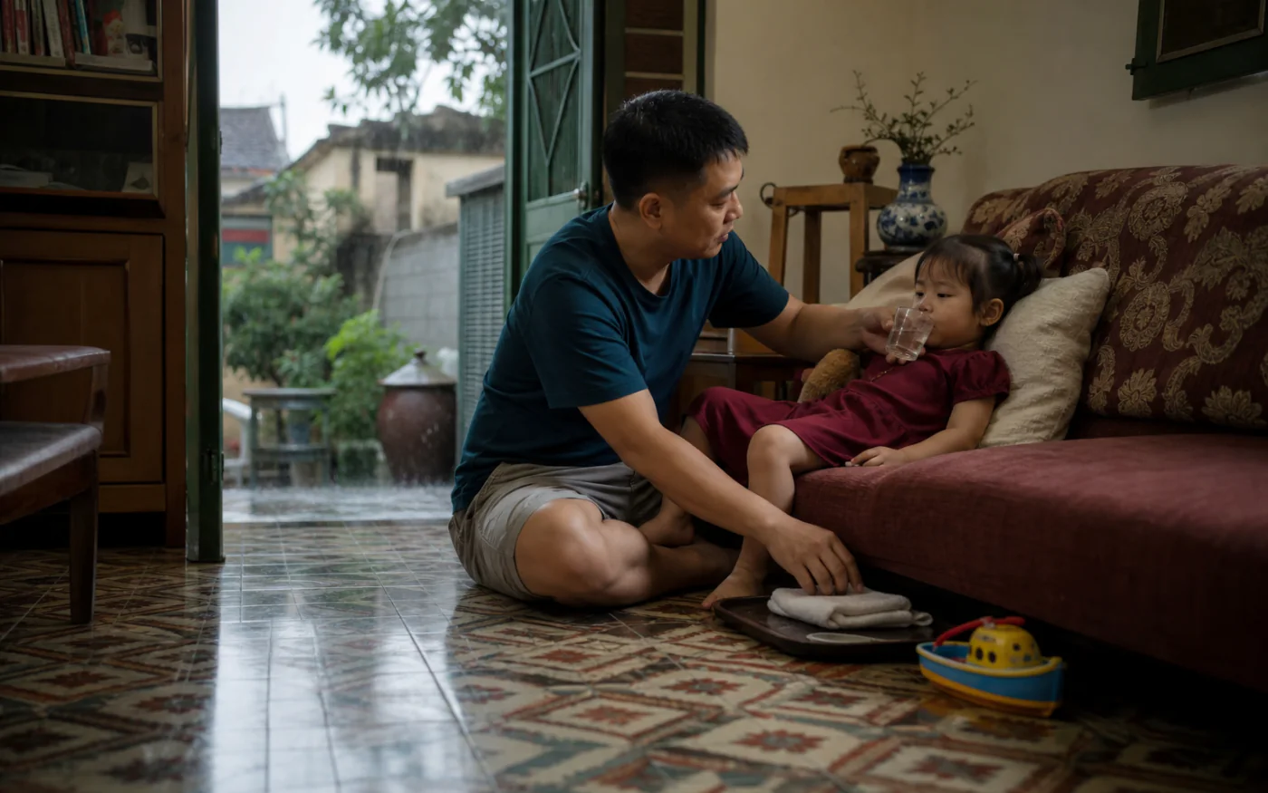 Một người cha Việt Nam cho con đang nghỉ tại nhà uống nước sau buổi tiêm