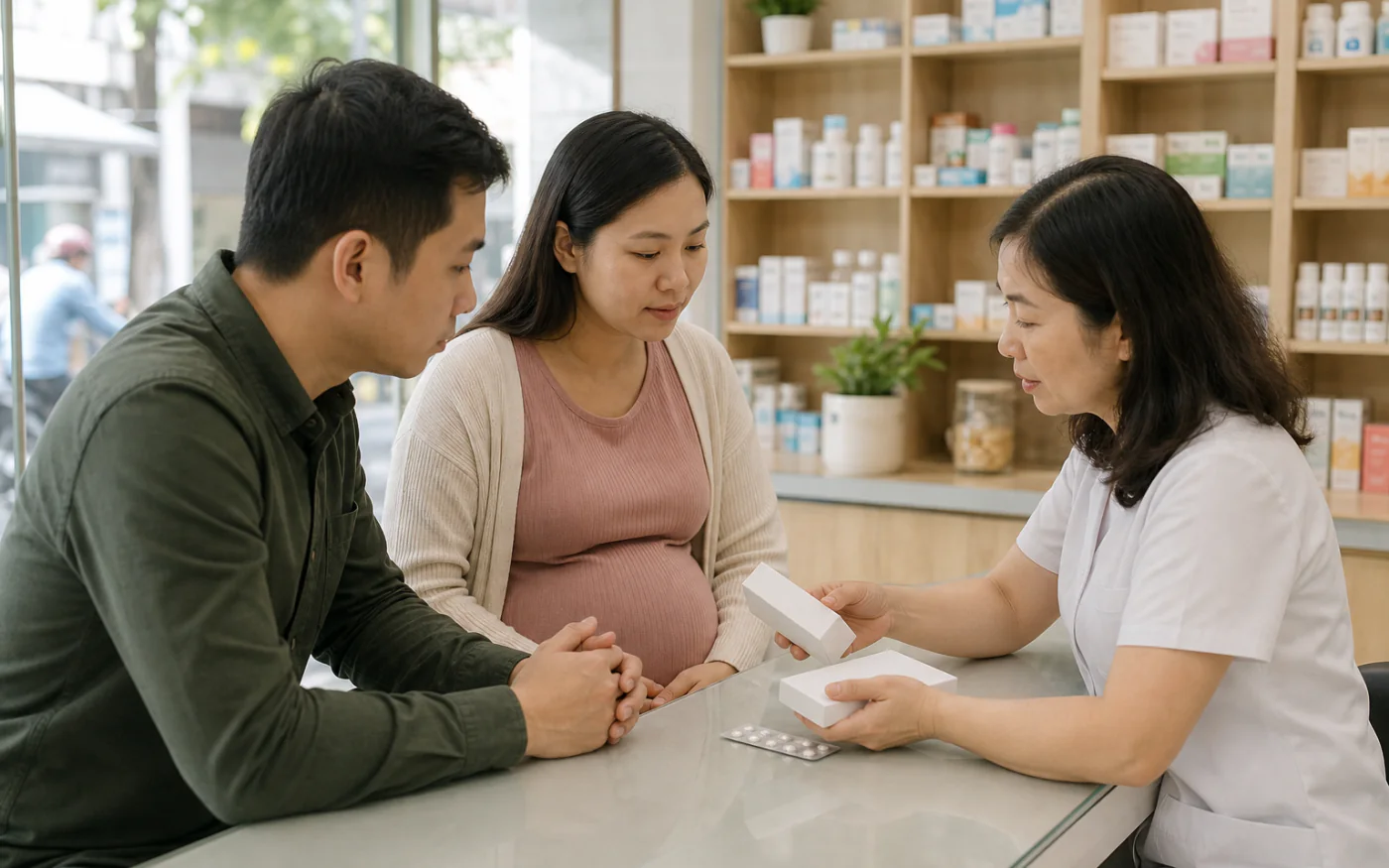 Một thai phụ Việt Nam cùng dược sĩ xem nhãn thuốc và danh sách đã dùng