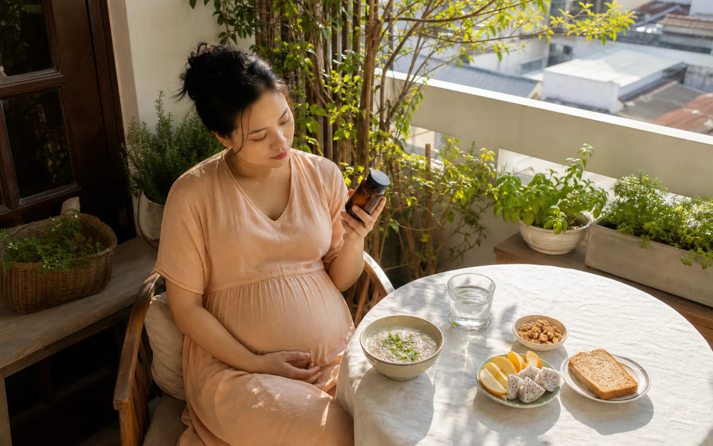 Một thai phụ Việt Nam sắp xếp các lọ vitamin và ghi tổng thành phần trên bàn