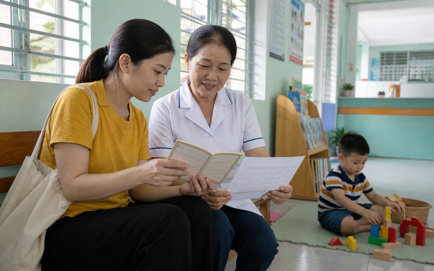 Một gia đình Việt Nam đối chiếu sổ tiêm giấy và hồ sơ điện tử của con